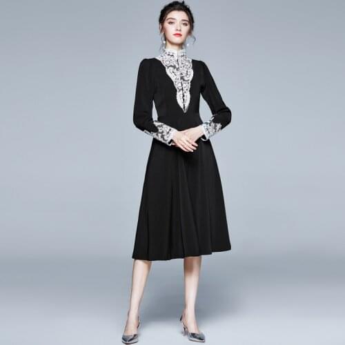 JSXDHK Autumn Winter Long Sleeve Dress Fashion Women Stand Collar Lace Patchwork Black Vintage Beading Party Midi Vestidos Dress