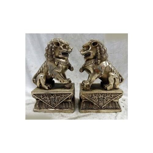 7 " China silver casa de la ciudad lucky Foo perros lion pair escultura estatuas copper decoration bronze factory Pure Brass