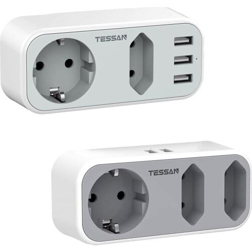 TESSAN Compact Travel USB Socket with 1 DE/FR Outlet, 1 EU Outlet and 3 USB Ports EU Wall Socket , Compatible for Tablet, Phone