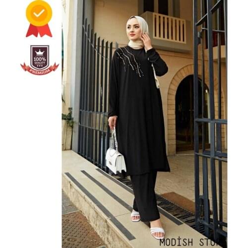 Stone Embroidered Linerless Tunic Pants Muslim Woman Set Abaya Dubai 2021 Muslim Dress Women Kaftan Modest Clothing