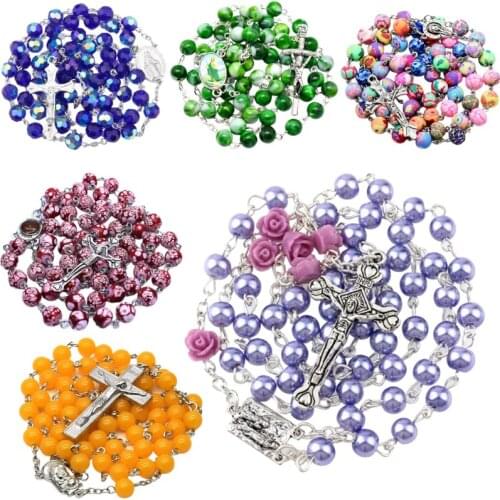 New Styles Colorful Jesus Rosary Cross Long Imitation Pearl Necklaces Beaded Stylish Christian Unisex Mala Praying Jewelry