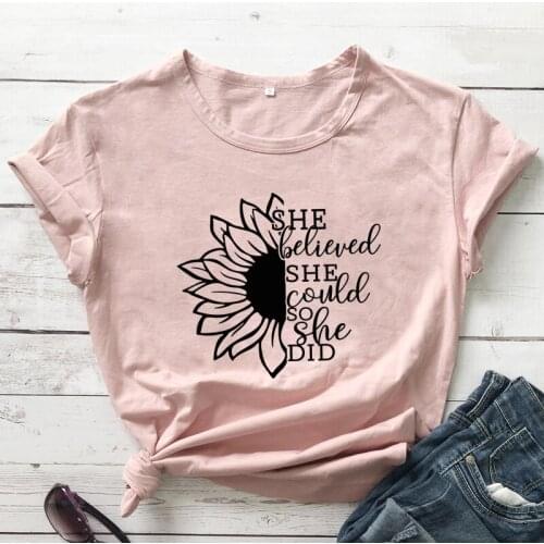 She Believed She Could So She Did T-shirt Aesthetic Sunflower Tshirt Funny Women Inspirational Christian Tops Tees Drop Shipping