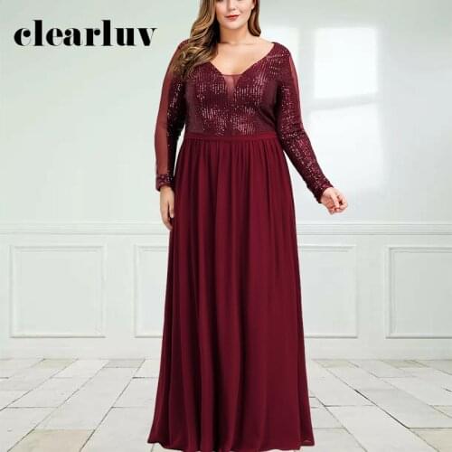 Patchwork A-Line Evening Dress DR1525 Burgundy Sequin Robe De Soiree V-Neck Long Sleeve Vestidos De Fiesta Zipper Elegant Gowns