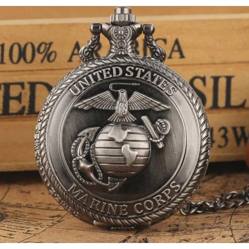 Retro Gray United States Marine Corps Logo Symbolic Quartz Pocket Watch Chain Necklace Pendant Gift FOB Clock Art Collectibles