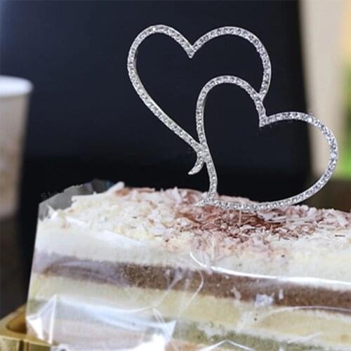 Cake Topper Romantic Crystal Rhinestone Silver Double Heart Cake Topper Wedding Decoration New Year Decor