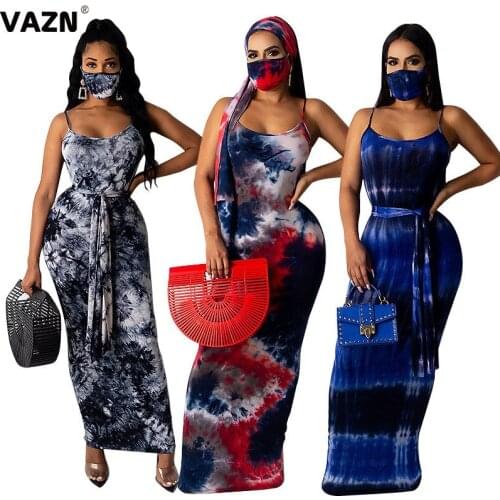 VAZN Streetwear 2020 summer sexy lady 3 color sprint 2-piece long dress face masks and spaghetti strap dress floor-length dress