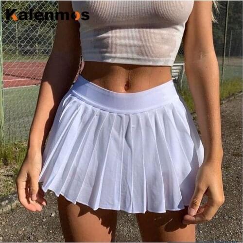 Women Mini Pleated Skirt Stretch KALENMOS White Black Vintage Loose Slim Fit Blue Club Streetwear Harajuku Punk Sexy Skirts