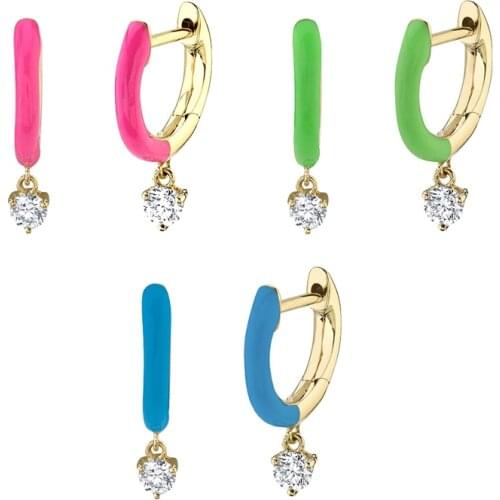 925 Silver Ear Buckle Enamel Crystal pendant Hoop Earrings For Women blue green rose red Huggie Earrings Fashion Jewelry