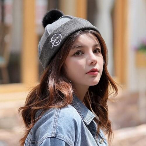 Hats Woman Hairy Ball Landlord Hat Embroidery Smiling Face Joker Student Wool Beret