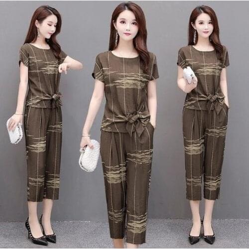 2021 Summer New Women Fashion Elegant Suit Short Sleeve Top + High-waist Seven Points Pants Printing Two Pieces Set M-4XL Y688