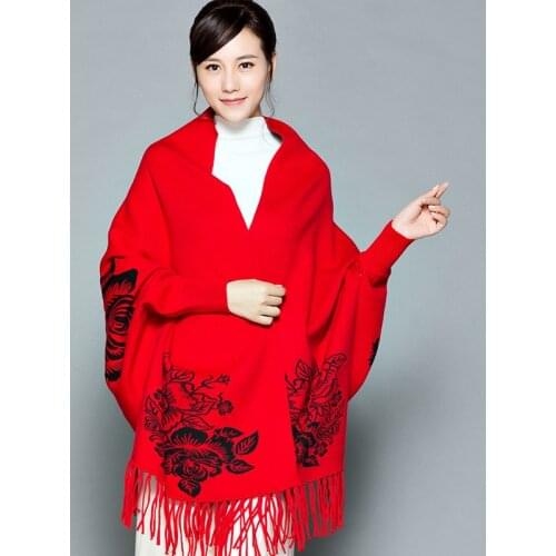 Women Winter New Long Sleeve Poncho Fur Like Mink Cloak Keep Warm Cardigan Foulard Femme Pashmina Scarf Floral Tassel Shawl