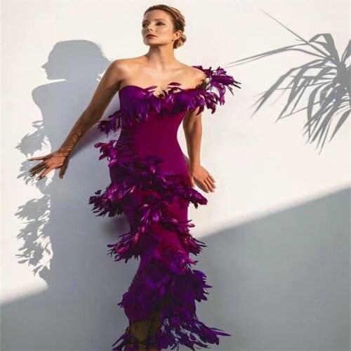 One-shoulder Rose Red Velvet Long Dress Ladies Dress Celebrity Party Dress Feather Design