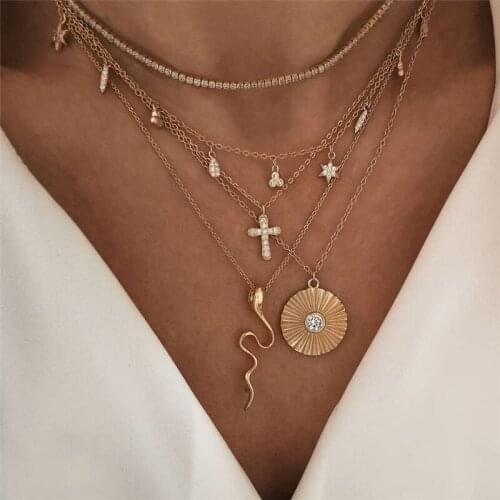 New Bohemian Multilayer Cross Gold Pendant Necklaces For Women Punk Choker Necklaces 2021 Trend Fashion Words Jewelry Party Gift