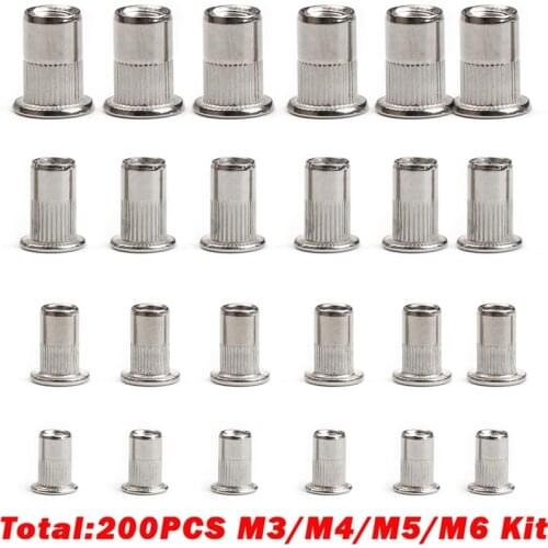 200PCS M3 M4 M5 M6 Stainless Steel Rivet Nuts Knurled Nuts Rivnut Flat Head Threaded Rivet Insert Nutsert Cap Rivet Nut