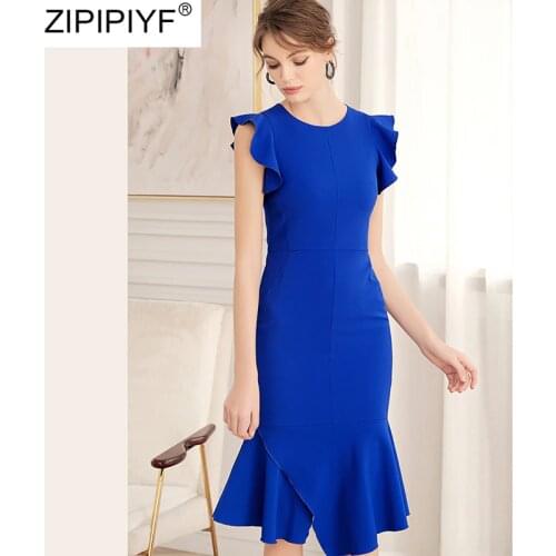 2020 Summer Sexy O-Neck Sleeveless Ruffle Elegant Slim Party Dresses Trumpet Empire Slim Knee-Length Mermaid Vestido Robe De