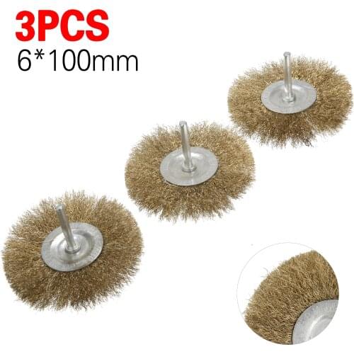 3PCs Brass Steel Wire Brush 100mm Brass Steel Wire Wheel Flat Cup Brush Shank Metal Surface Cleaning Drills Grind Rust Removal