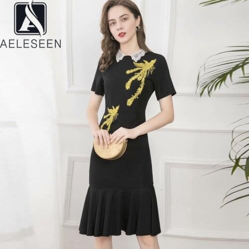 AELESEEN Office Ladies Women Summer Dress 2021 Runway Fashion Black Beading Diamonds Yellow Flower Embroidery Elegant Midi Dress