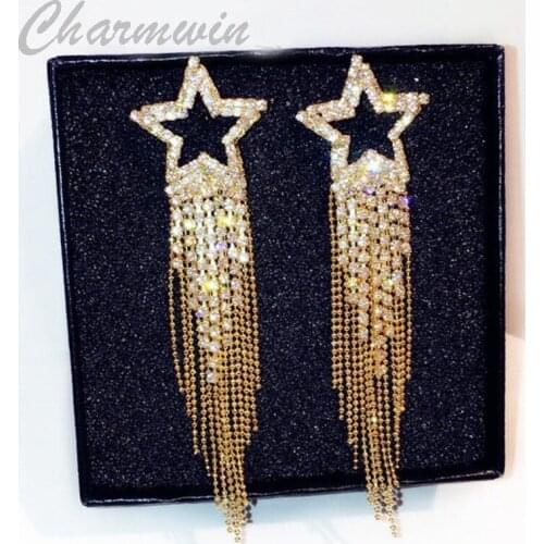 Charmwin Star Long Tassel Earrings For Women New Fashion Jewelry Exaggerated Rhinestone Dangle Earrings Female PE1505