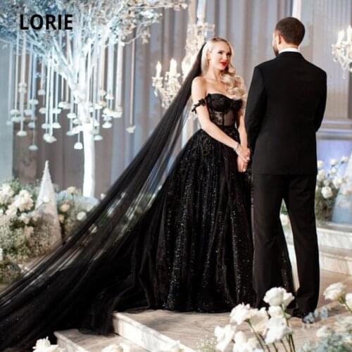 LORIE Black Wedding Dresses Glitter Bride Gown with Off Shoulder Ball Gown Sweetheart Lace Wedding Gown Plus Size