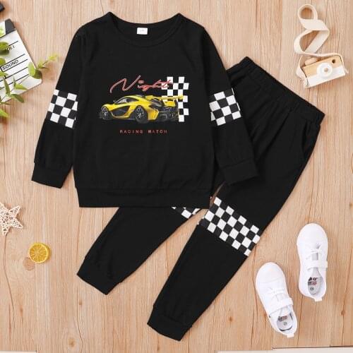 PatPat 2-piece Kid Boy Car Letter Print Plaid Long-sleeve Black T-shirt and Elasticized Pants Set