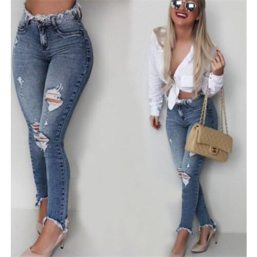 Summer Ripped Hole Jeans Women Tassel Button High Waist Slim Small Feet Pants Casual Streetwear Plus Sizes Denim Pants Trousers