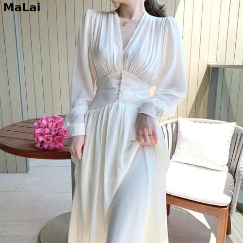 Elegant Dress Women Solid Long Sleeve Fairy Party Dress 2021 Spring Clothing Female Office Lady Sexy V-Neck Loose Midi Dresses