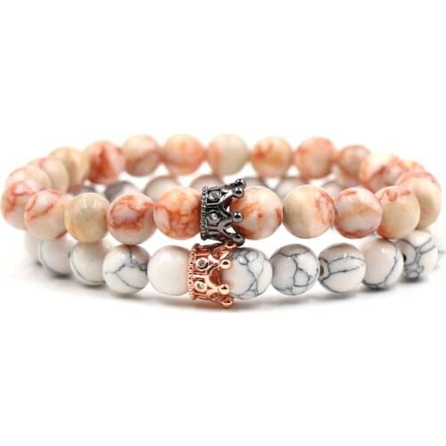 Hot Sale Micro Inset Crown Fashion Bracelet Natural Opal White Pine Beads Bracelet Bangles for Women Men Charm Elastic Jewelry