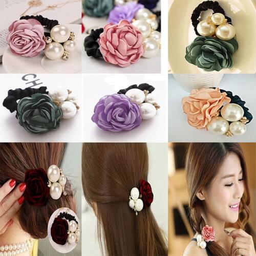 Sweet Ribbon Big Pearl Hair Bands For Women Elastic Hair Rope Ties Rose Flower Ponytail Holder Scrunchies Girls Hair Accessories