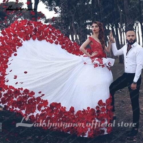 Red And White Vintage Wedding Dress Lace Wedding Guest Bridal Gown Princess Glitter Plus Size Luxury Appliqued Wedding Dress