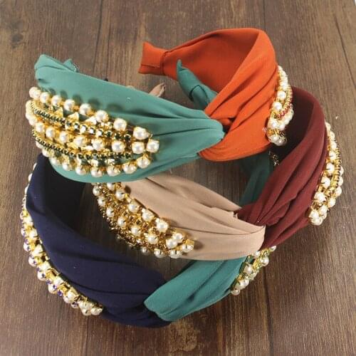 Exaggerated Fashion Hair Accessories Wide Side Headband Pearl Crystal Baroque Hairband Center Cross Headwear For Women headdress