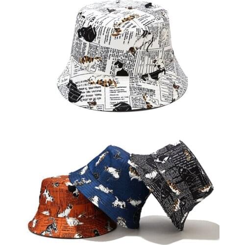Men Casual Cat Print Fisherman Hat Unisex Double Sided Wear Bucket Hat Women Outdoor Cotton Foldable Sun Hat Couple Trucker Cap