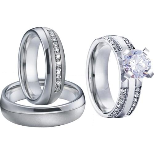 Alliances Matching marriage engagement Wedding rings set for men and women White Gold Color couple ring cz stones 3pcs