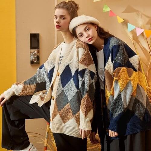 2021 New Cardigan Sweater Women Autumn Winter Retro French Argyle Knit Cardigan Womens Mid-length Cardigans Jacket Coat