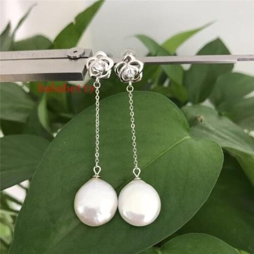 NEW Natural white pink freshwater coin pearl size About 13-14MM 925 sterling silver earrings