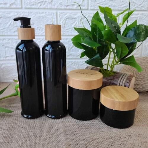 Wholesale Custom Engraving Logo Black Plastic 8 oz 5 oz Container Cream Jar With Bamboo Lid Bath Salt Beauty Hair Tool Packaging