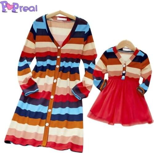 PopReal Autumn Fashion Solid Buttons Mesh Stitching Mom Daughter Dress Mother Kids Family Matching Outfits Parent-Child Outfi