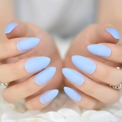 Good Feeling Light Sky Blue Matte Frosted Stiletto Oval False Nails Art Almond Pointed Press on Full Cover Pre-designed Fake Tip