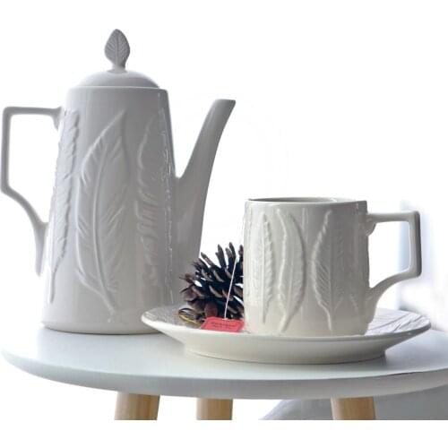 Relief Feather Decor Teapot Drinkware Mug Plate Ceramic Teapot Sets On Sale