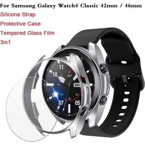 3in1 Strap + Case + Film For Samsung Galaxy Watch4 Classic 42mm 46mm Smartwatch Accessories Silicone Band Bumper Tempered Glass