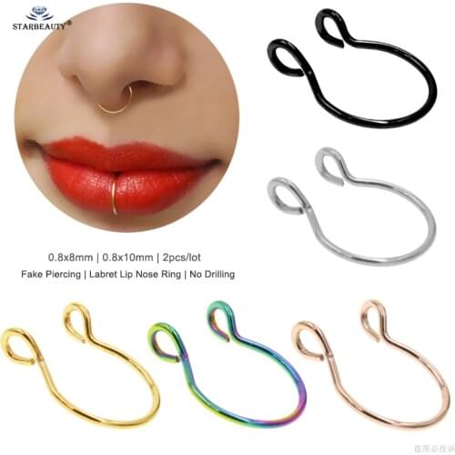 Starbeauty 2pcs Thin U Fake Nose Ring Hoop Septum Rings Labret Lip Nostril Piercing False Piercing Oreja Pircing Face Jewelry