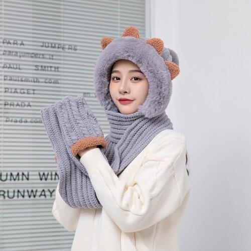 Womens winter all-in-one hat Japanese all-match temperament knitted hat outdoor plush fashion warm hat ear protection cap