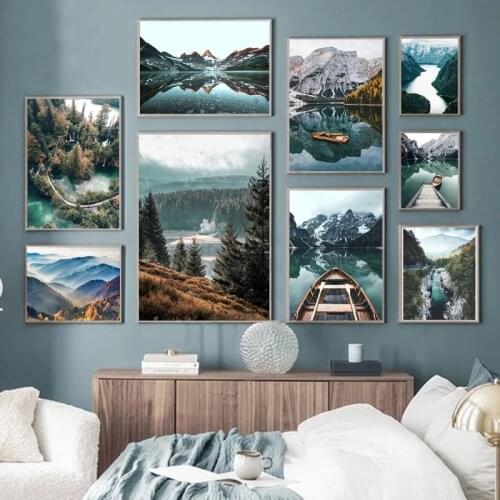 Lake Boat Print Natural Scenery Forest Cloth Painting Wall Art Poster Nordic Decoration Picture Modern Home Decoration Painting