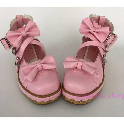 Princess sweet pink lolita shoes Bow buckle Shoe of sponge cake Customer customized large size shoes By hand made lace an2002-8