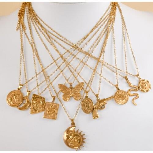 Vintage Simple Coin/Snake/Butterfly/Moon/Sun Pendant Necklace All Stainless Steel 18K Gold Plated Daily Necklace Jewelry Unisex