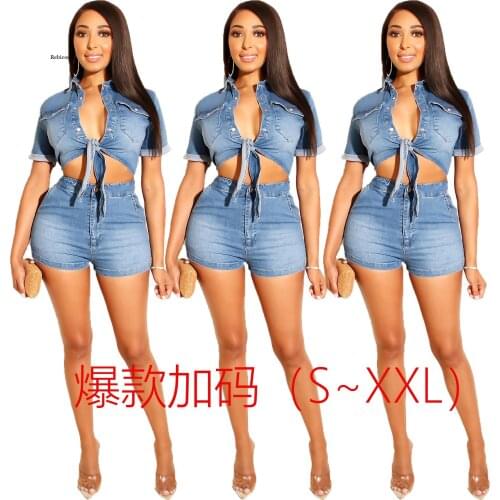 Women Denim Sets Short Sleeve Single Breasted Bangdage Crop Tops Zip Sheath Elastic Short Pants 2 Piece Set Streetwear