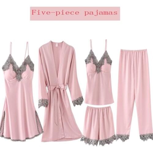 Four seasons new five-piece set with chest pad imitation silk feminine night gown, bathrobe, home service, long-sleeved pajamas