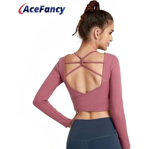 Women Removable Pads Yoga Top Long Sleeve Female Gym Workout Tops Vital Stretchy Fitness Shirts Backless Activewear Tops YJY20-1