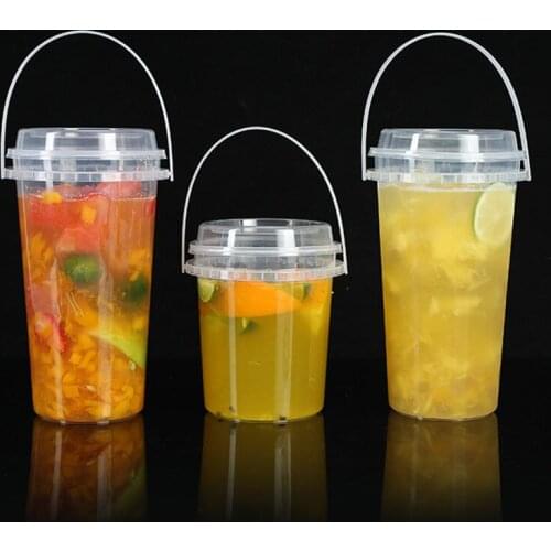 10pcs Net red 700ml 1000ml large transparent plastic cups fruit juice dessert packaging cup creative milk tea cup with handle