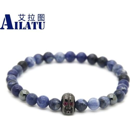 Ailatu 10pcs/lot 6mm Natural Blue Veins Stone with Micro Pave Roman Warrior Spartan Helmet Cz Beads Bracelet