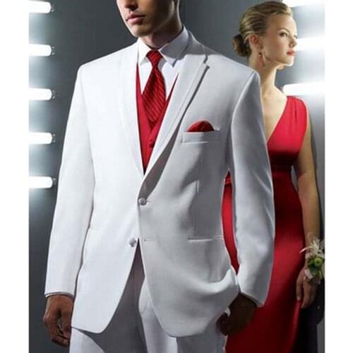White Wedding Tuxedos for Groom Slim Fit Formal Men Suits with Red Vest 3 Pieces Male Fashion Jacket Pants Custom Fashion Set